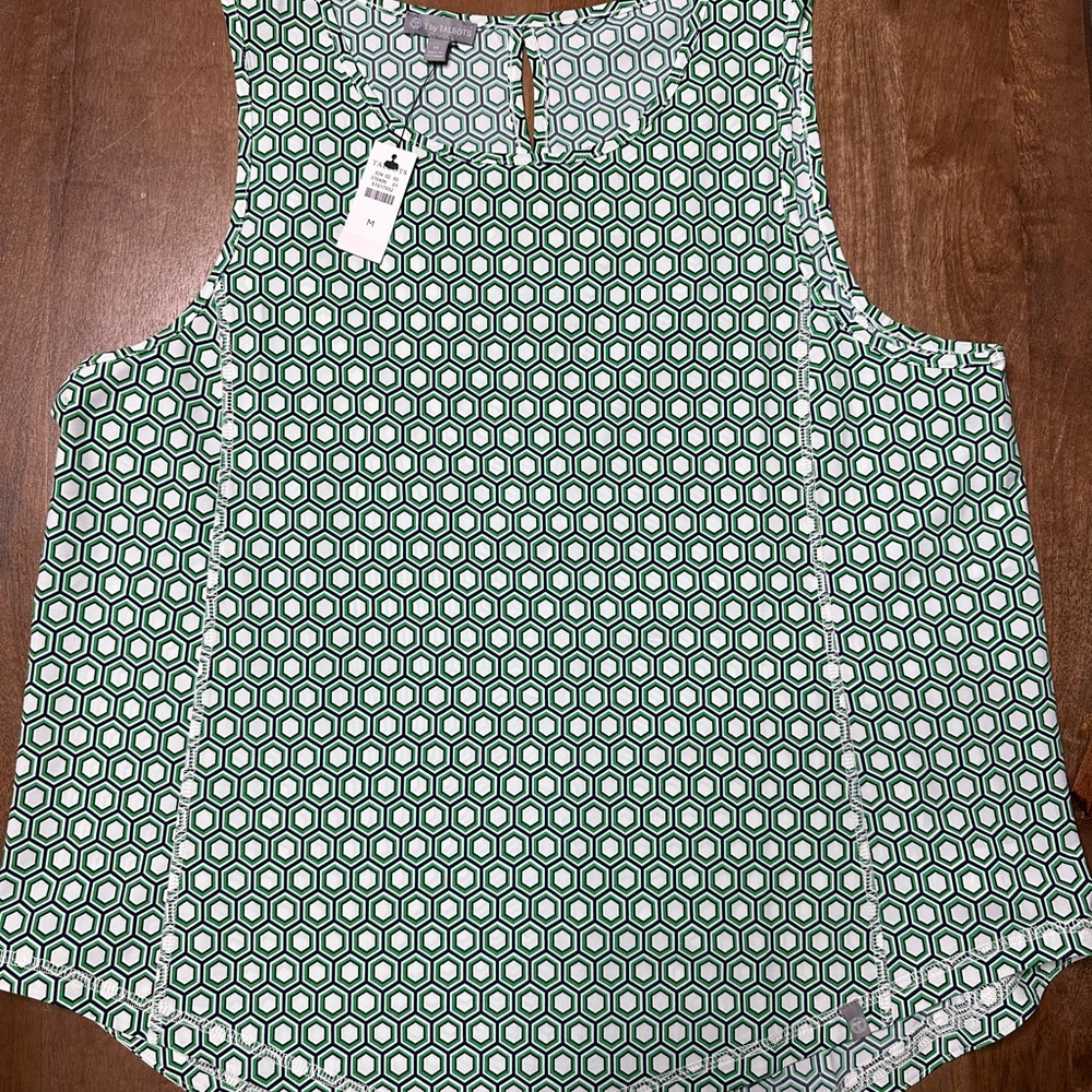 T by Talbots Green and White Geometric Sleeveless Camisole